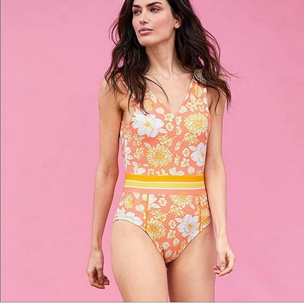 NEW Matilda Jane So Peachy Swimsuit yellow pink floral one piece swim XL beach